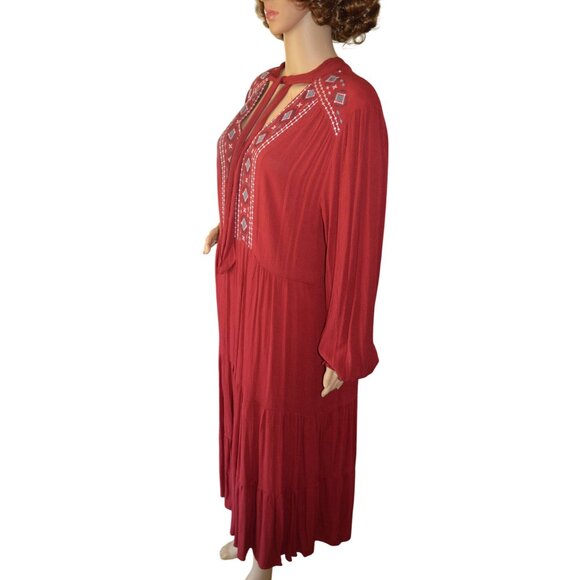 Knox Rose Deep Red Embroidered Boho Peasant Dress Women's Size XL Fall Casual - Picture 3 of 8